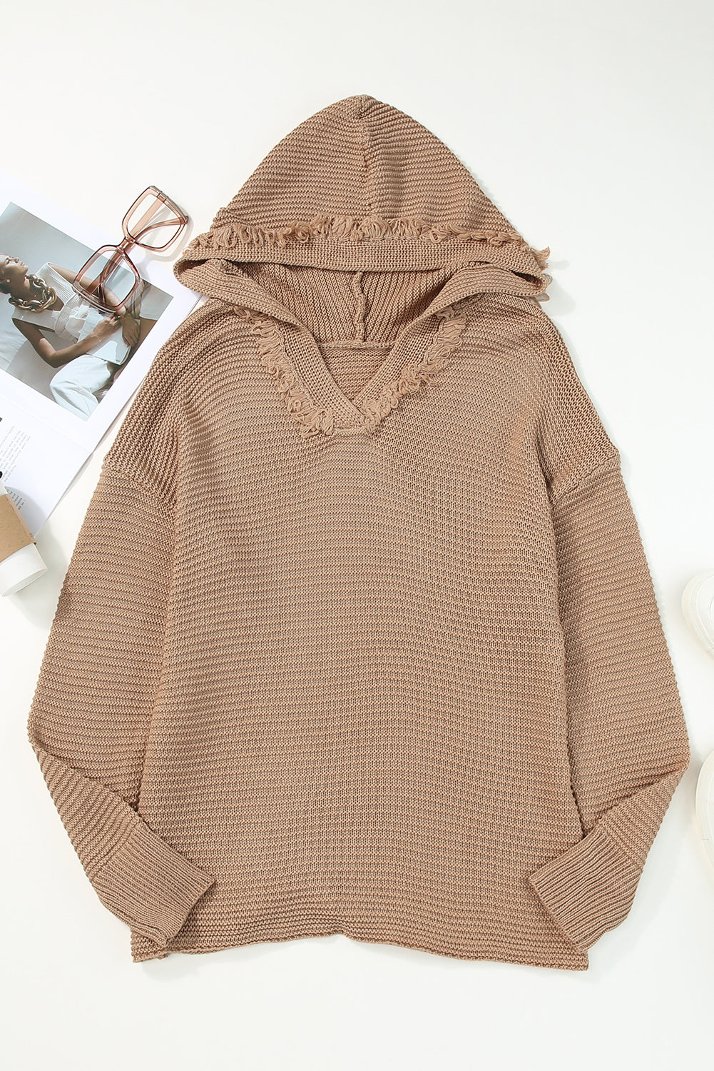 Ribbed Raw Edge Hooded Sweater