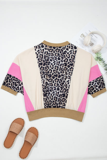 Leopard Colorblock Patchwork 3/4 Sleeve Top