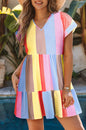 Stripe V-Neck Tiered Mini Dress