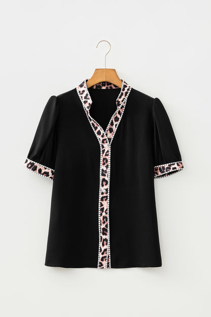 Leopard Trim Puff Sleeve Buttoned V-Neck Shirt
