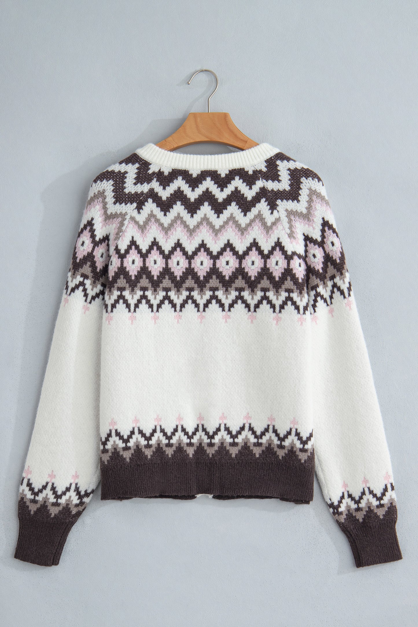 Geometric Fair Isle Brushed Knit Buttoned Cardigan