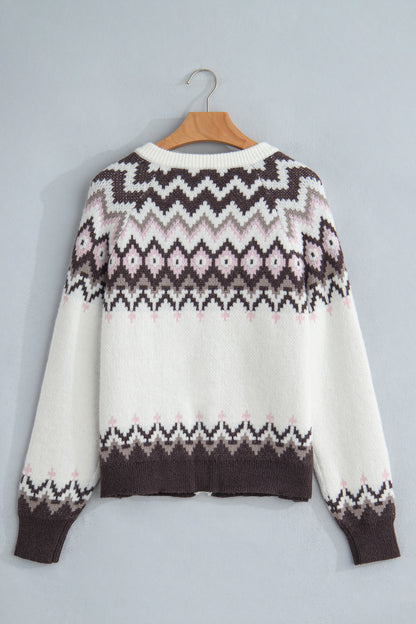 Geometric Fair Isle Brushed Knit Buttoned Cardigan