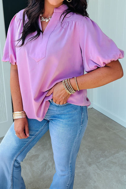 Solid Puff Sleeve Notched V-Neck Blouse