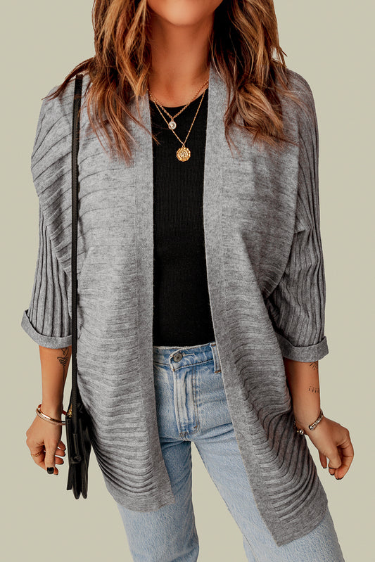 Ribbed 3/4 Sleeve Open Front Cardigan