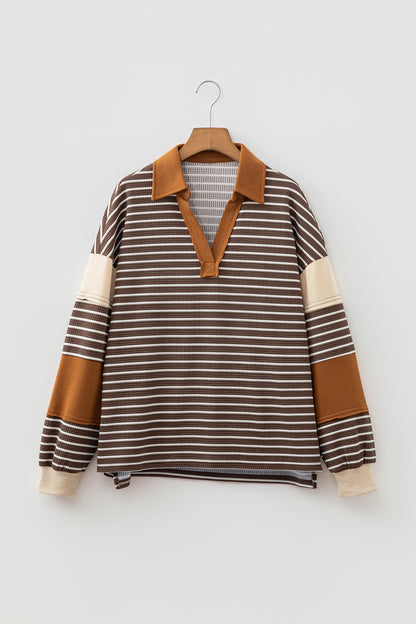 Stripe Colorblock Collared V-Neck Long Sleeve Top