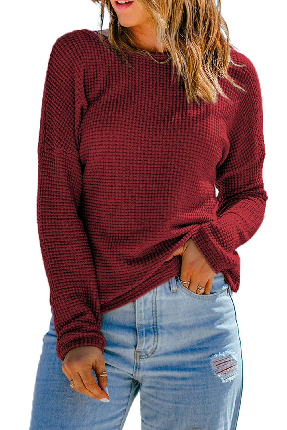 Waffle Drop Shoulder Long Sleeve Top