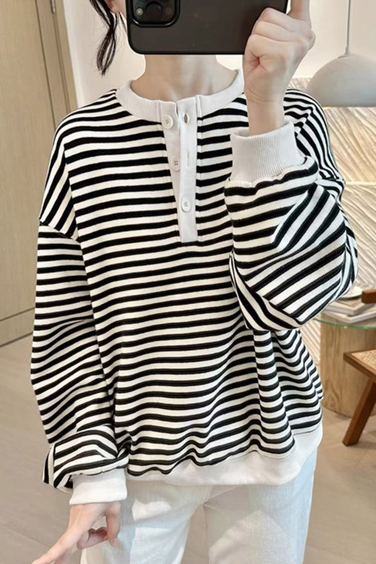 Stripe Crewneck Oversized Henley Sweatshirt