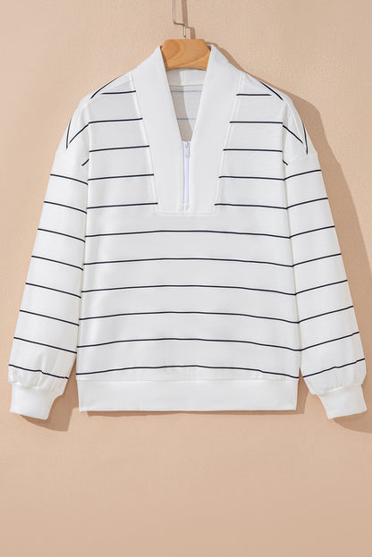 Stripe Zipped V-Neck Long Sleeve Top