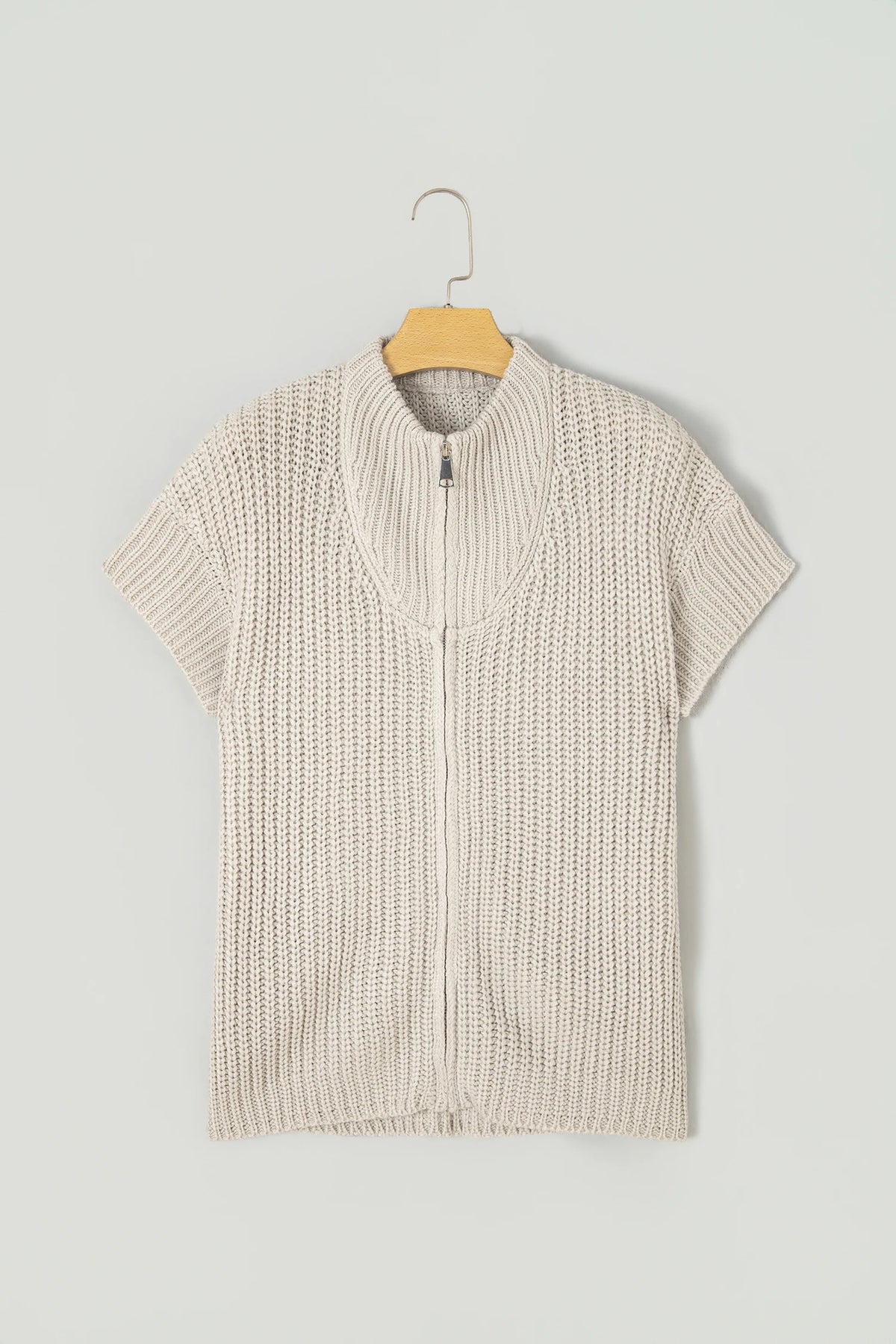 Solid Zip Up High Neck Short Sleeve Knit Top