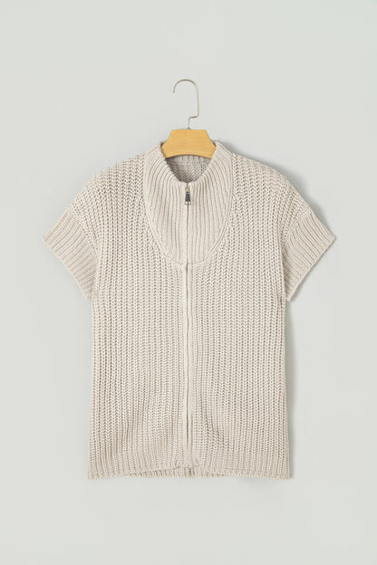 Solid Zip Up High Neck Short Sleeve Knit Top
