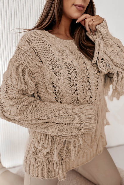 Cable Knit Tasseled Fringe Sweater