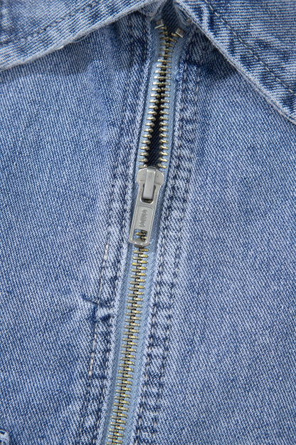 Denim Studded Pockets Zip-Up Long Sleeve Jacket