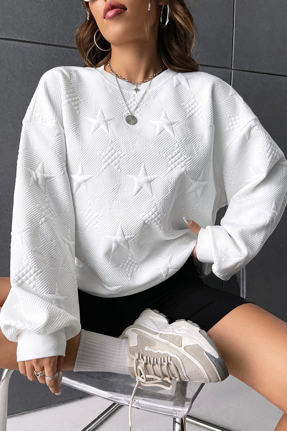 Star Embossed Drop Shoulder Sweatshirt