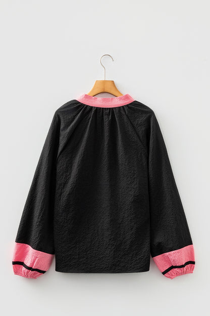 Colorblock Patchwork V-Neck Textured Blouse