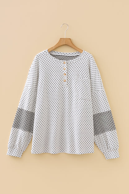 Plus Size Polka Dot Stripe Patchwork Henley Top