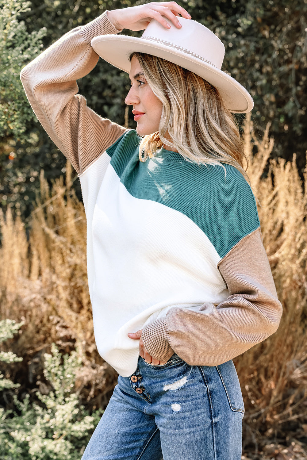 Colorblock Ribbed Knit Long Sleeve Sweater