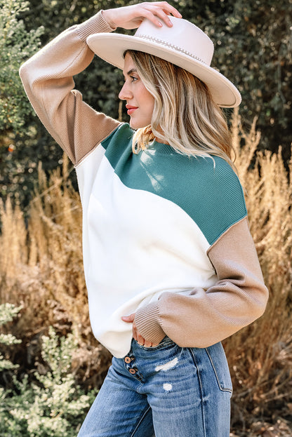 Colorblock Ribbed Knit Long Sleeve Sweater