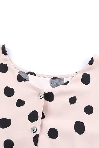 Dotted Buttoned V-Neck Frilled Puff Sleeve Blouse