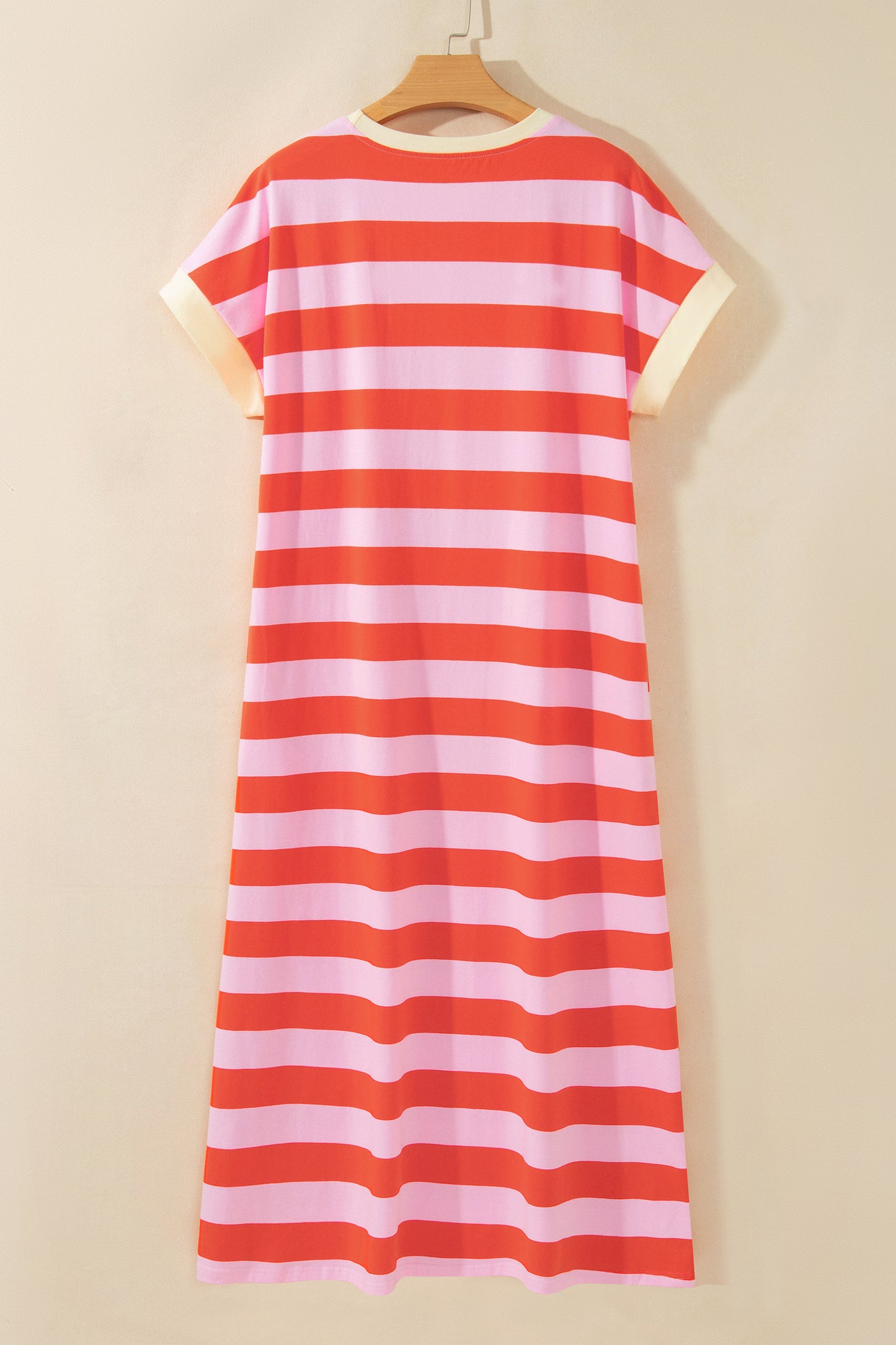 Stripe Cuffed Short Sleeve T-Shirt Long Dress w/ Pockets