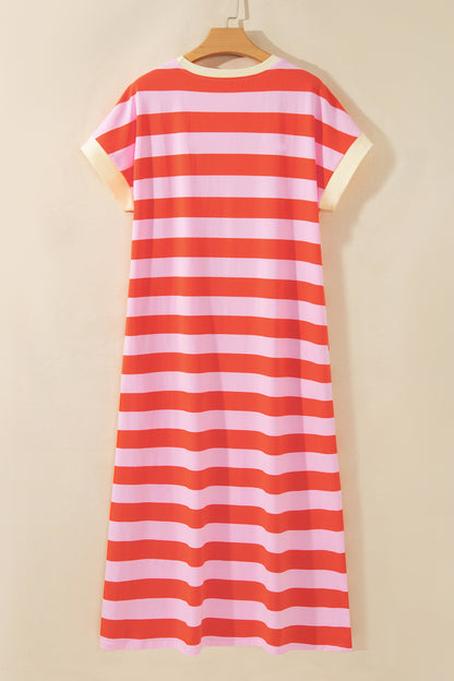 Stripe Cuffed Short Sleeve T-Shirt Long Dress w/ Pockets