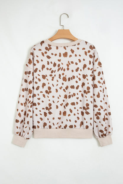 Leopard Ribbed Trim Drop Shoulder Long Sleeve Sweatshirt