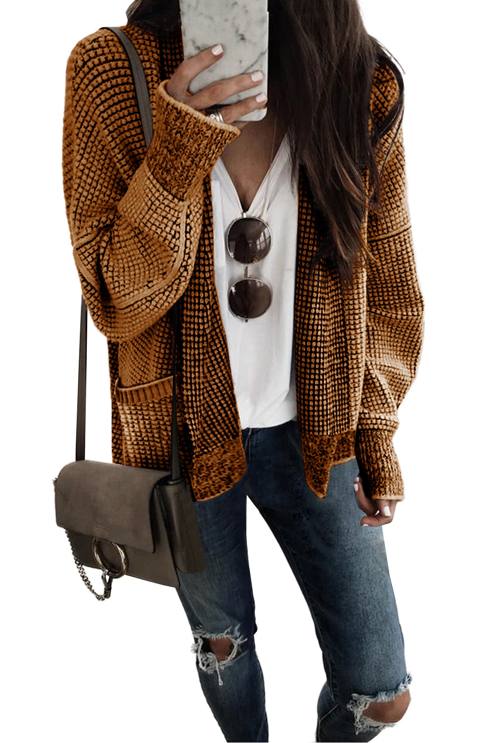 Chunky Waffle Open Front Cardigan