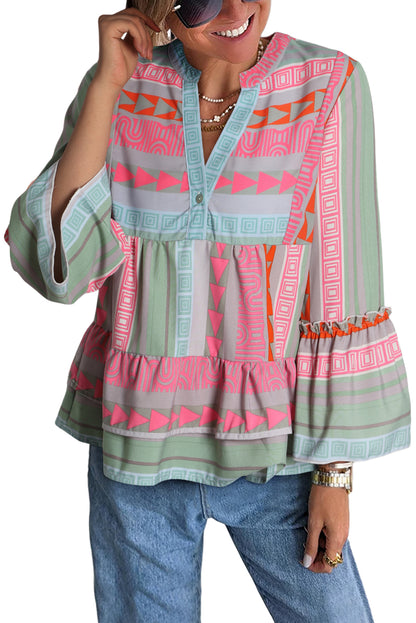 Boho Geometric Ruffle Blouse