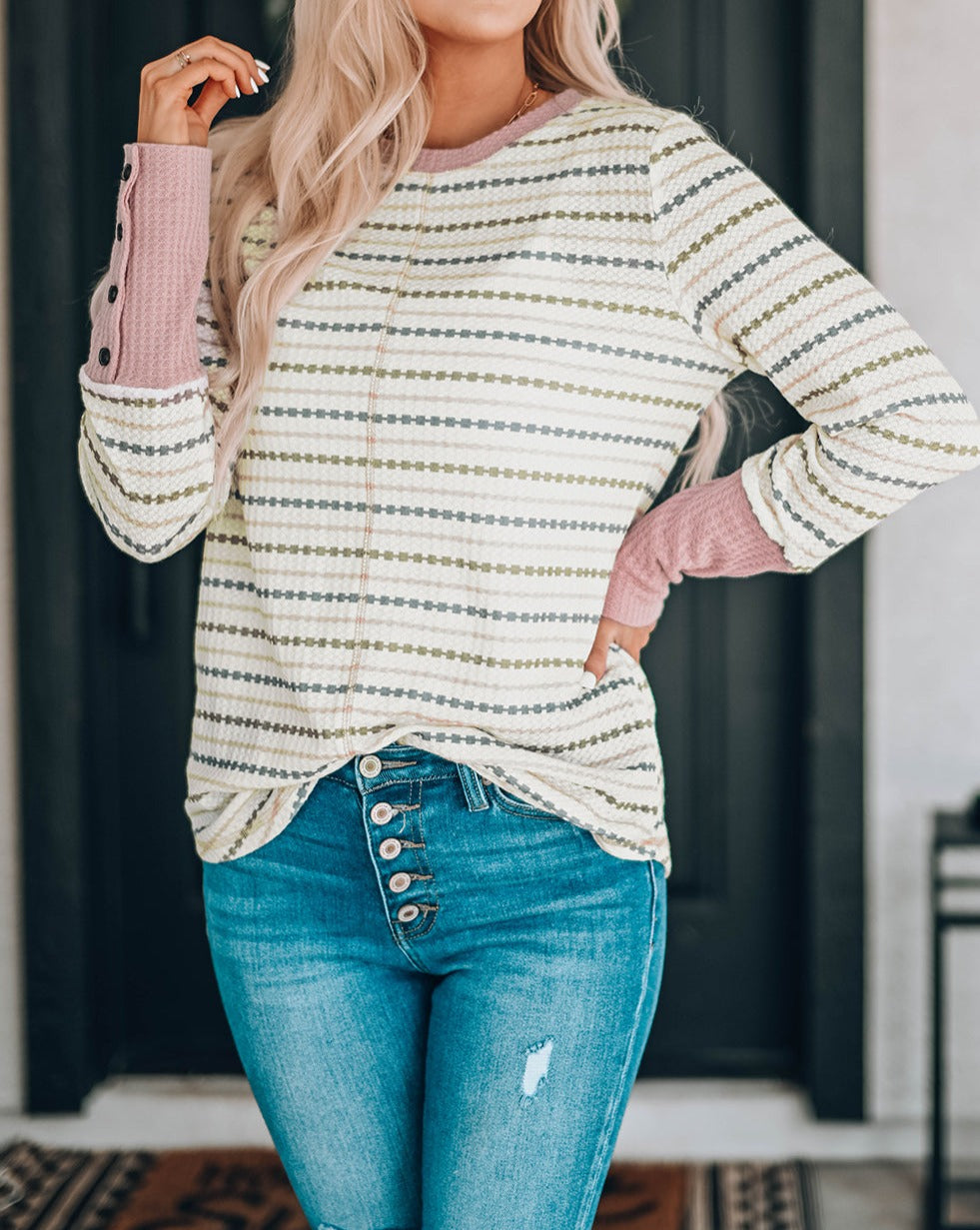 Stripe Waffle Buttoned Cuff Blouse