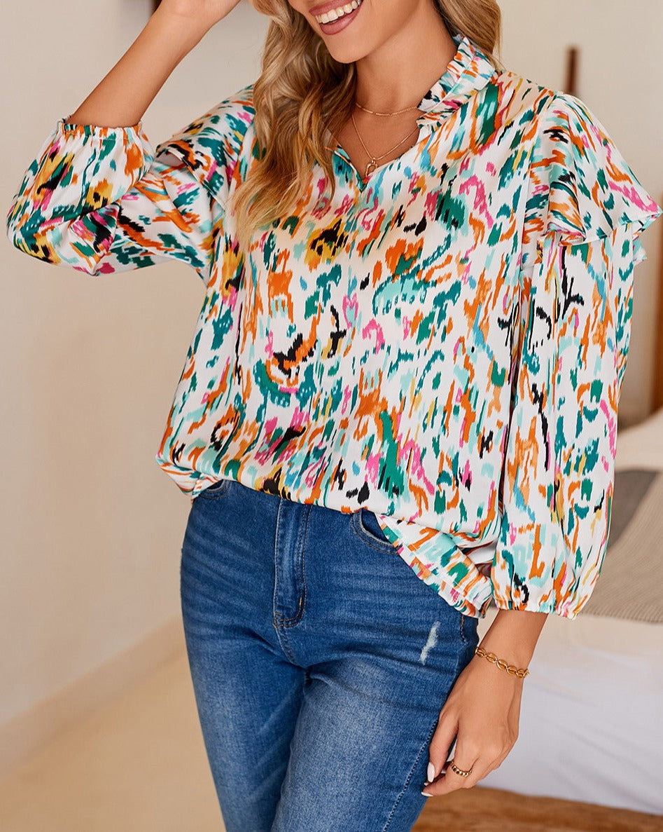 Abstract Ruffle 3/4 Puff Sleeve Blouse