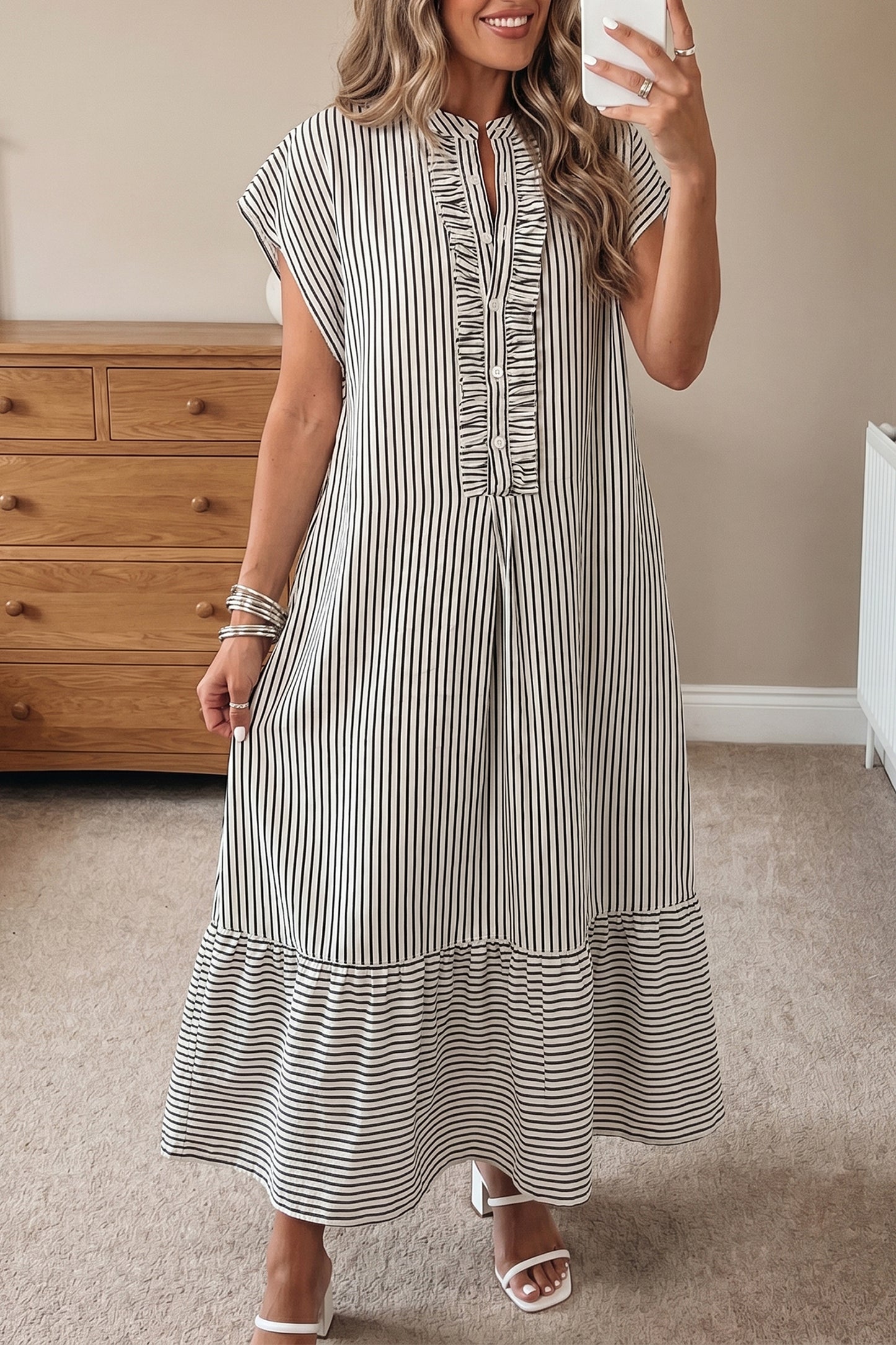 Stripe Frilled Half Buttoned Maxi Dress