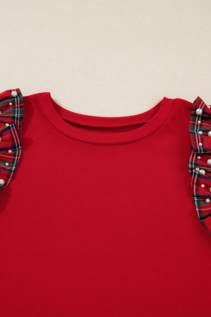 Plus Size Christmas Plaid Pearl Ruffle Sleeve T-shirt