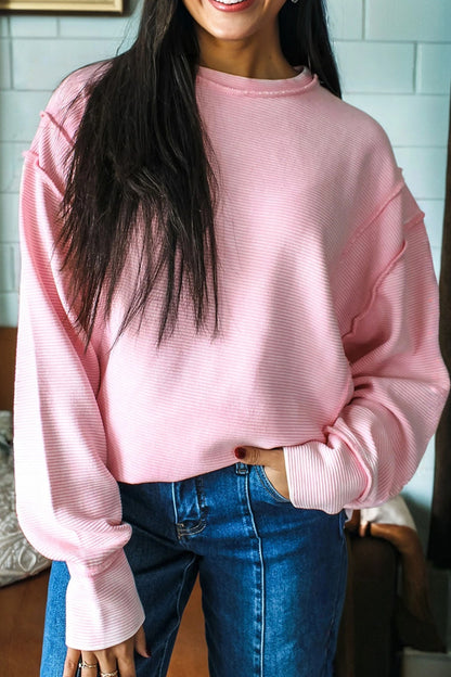 Solid Ribbed Exposed Seam Long Sleeve Top