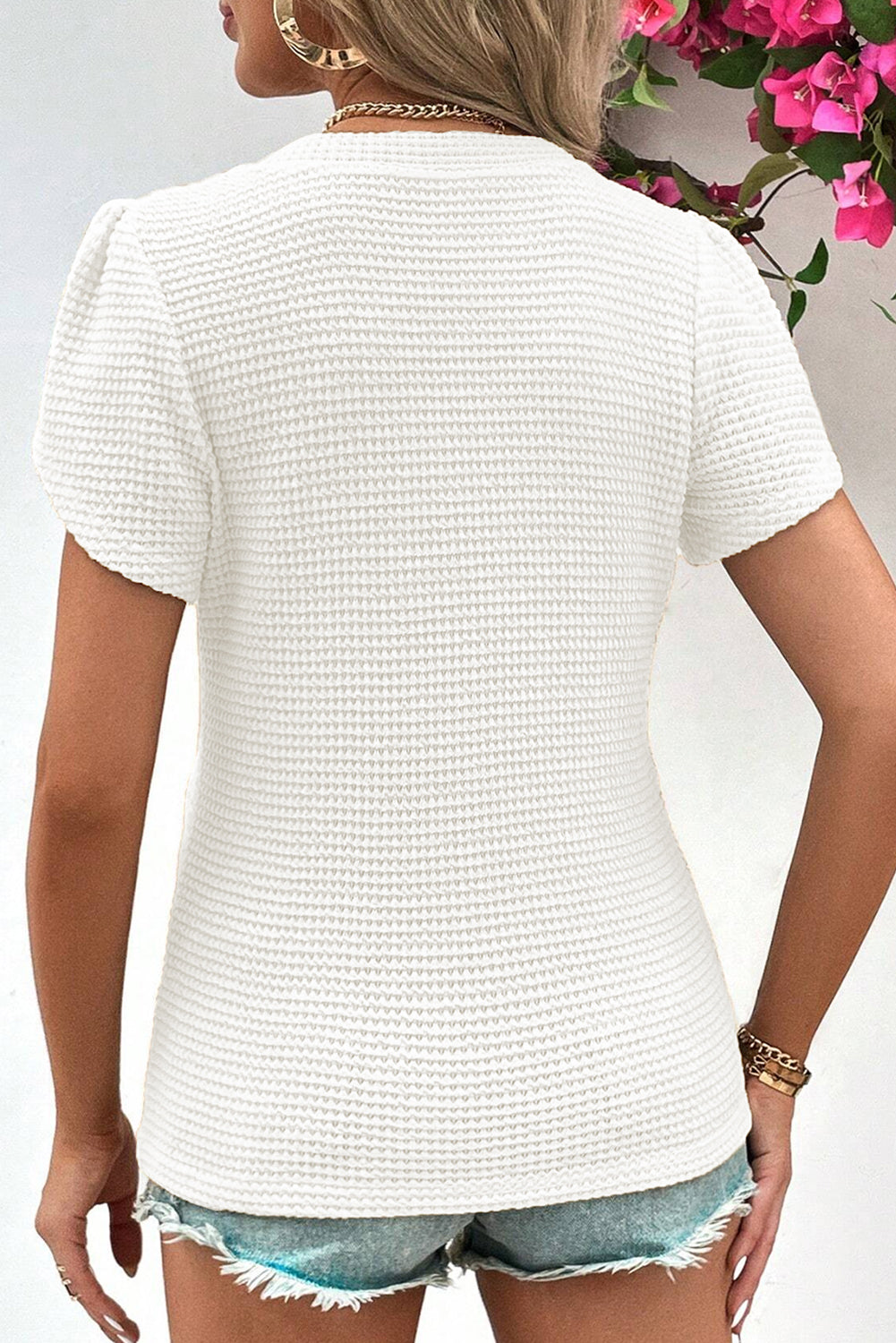 Waffle Knit Petal Sleeve T-Shirt