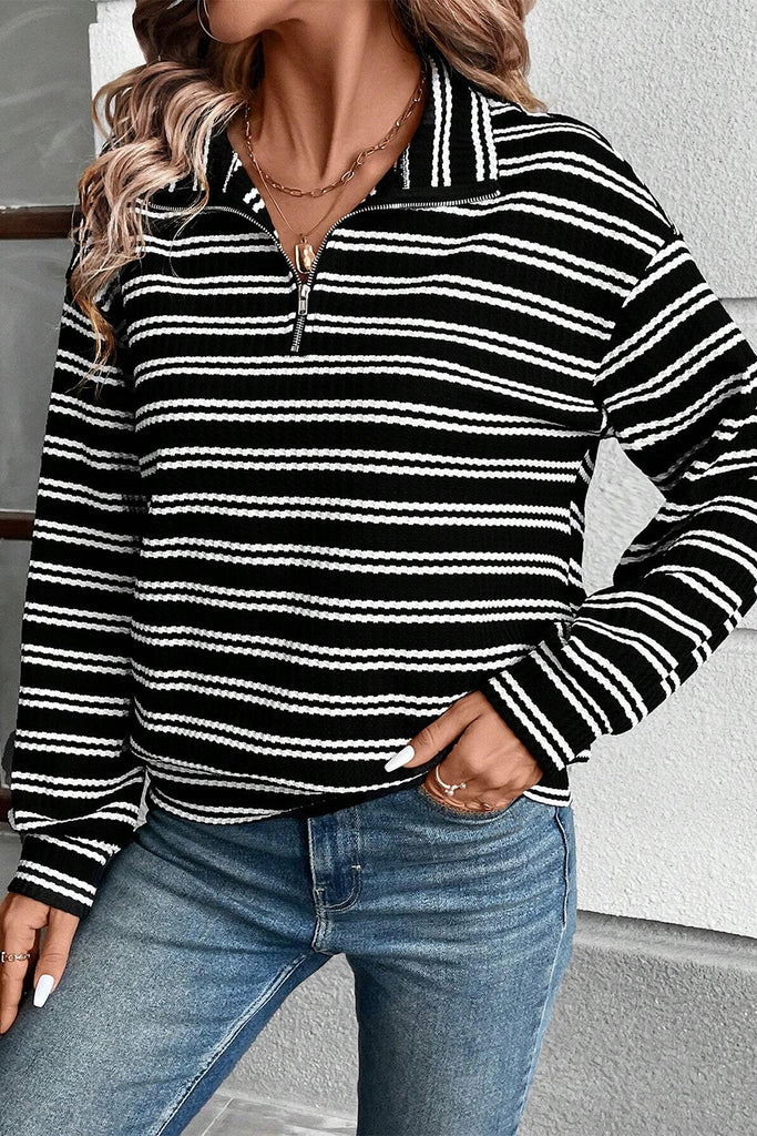 Stripe Zip Collar Long Sleeve Top