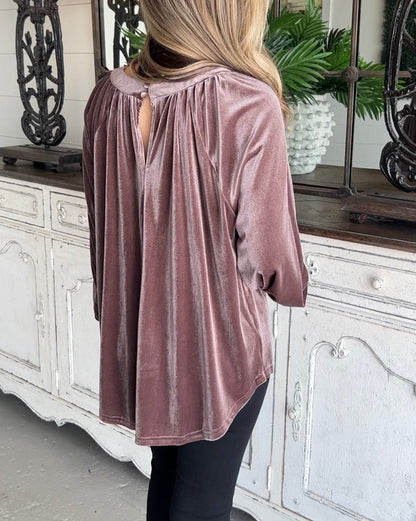 Velvet Puff Sleeve Boatneck Top