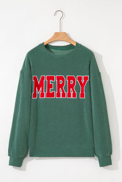 Merry Corded Knit Long Sleeve Christmas Graphic Top