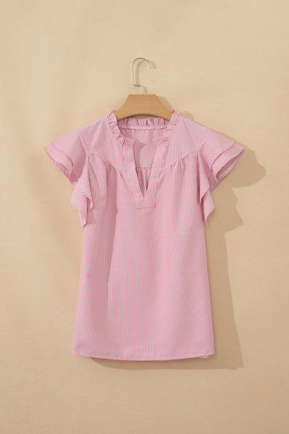 Stripe Frilled Split Neck Ruffle Sleeve Blouse