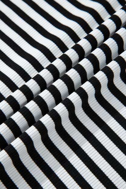 Stripe Ribbed Cap Sleeve Round Neck T-Shirt
