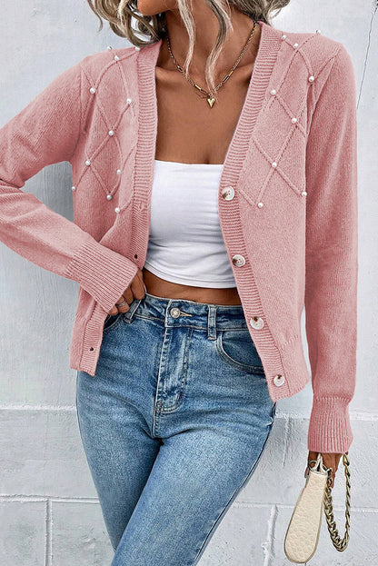 Pearl Beaded Textured Knit Cardigan