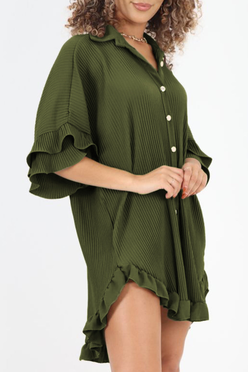 Pleated Ruffle Sleeve Shirt Dress