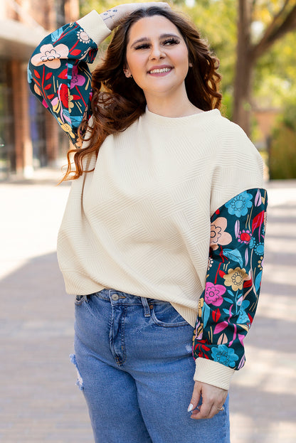 Plus Size Floral Patchwork Sleeve Textured Top