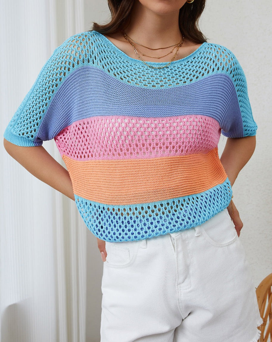 Colorblock Stripe Hollowed Knit Top