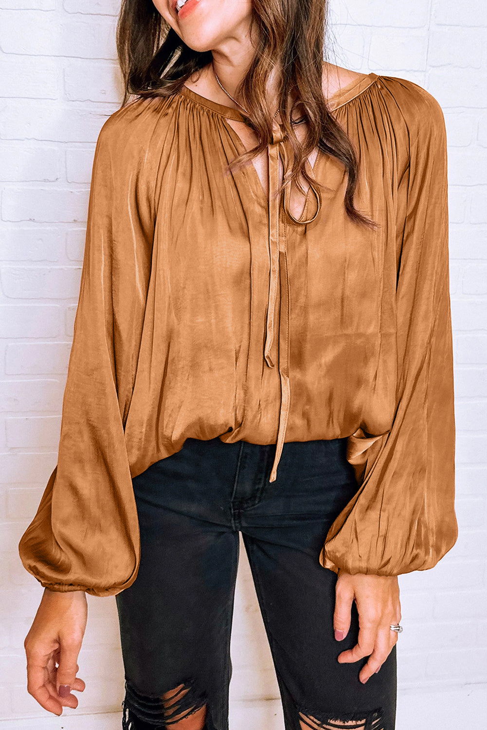 Satin Pleated Tied Neck Blouse