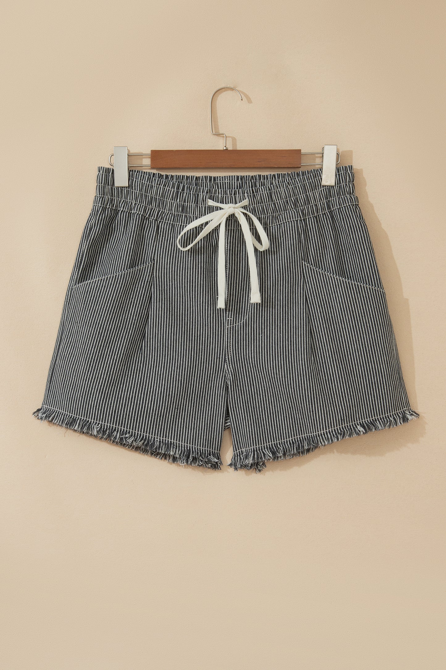 Stripe Denim Raw Edge Drawstring Waist Shorts