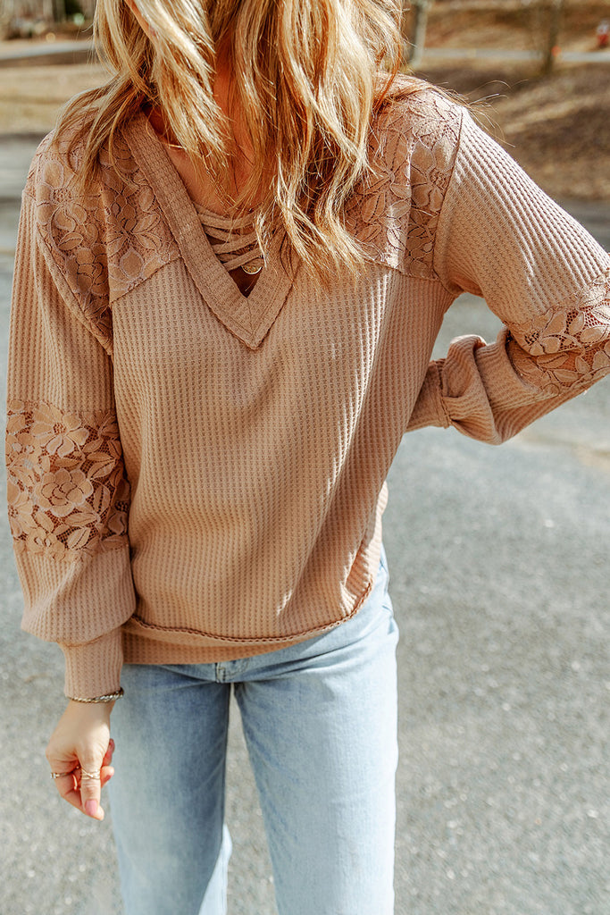 Lace Waffle Patchwork Long Sleeve Top
