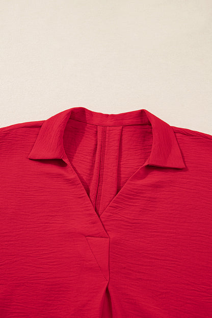 Plus Size Solid Collared V-Neck Smocked 3/4 Sleeve Top