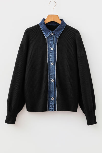 Drop Shoulder Placket Shirt Collar Long Sleeve Cardigan