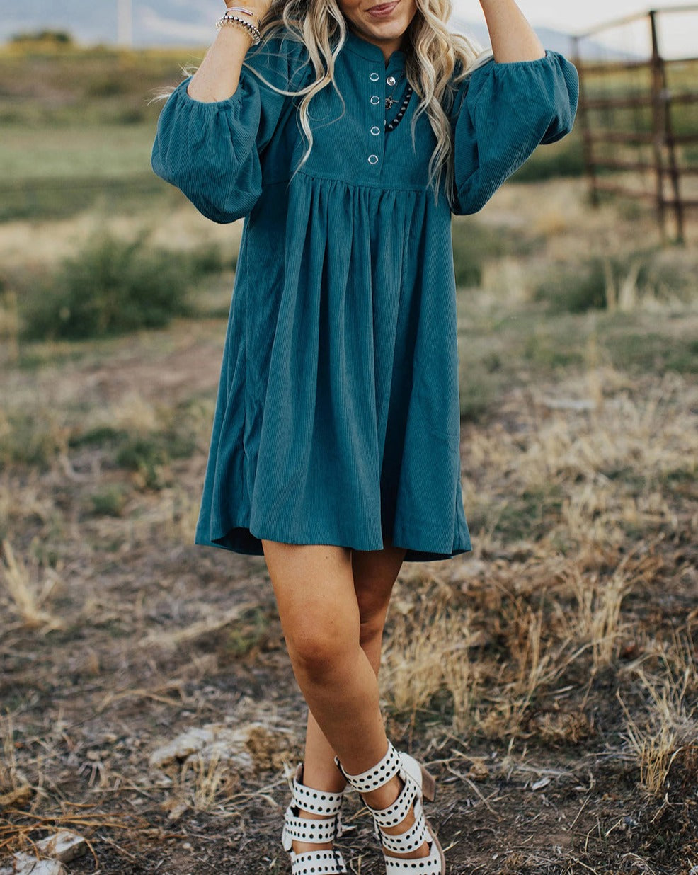 Corduroy Buttoned 3/4 Sleeve Dress