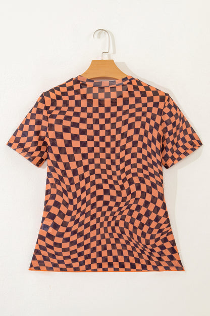 Checker Mesh Mock Neck Short Sleeve T-Shirt