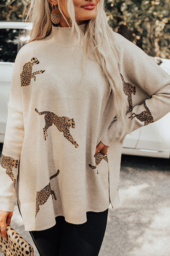 Cheetah Turtleneck Split Hem Sweater